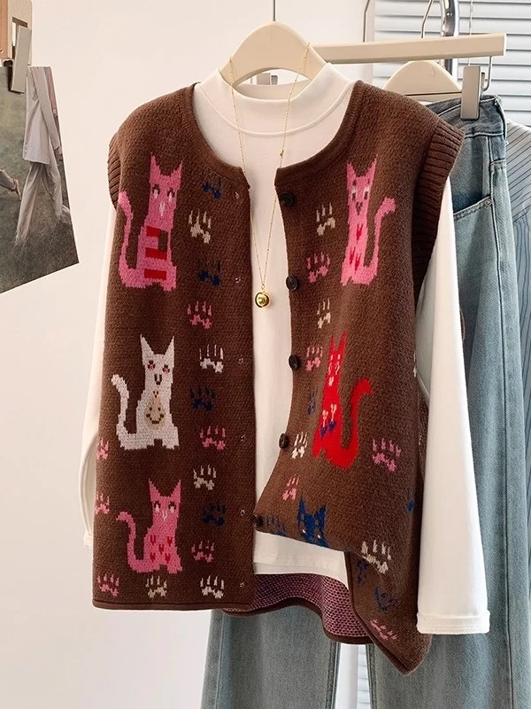 

Anti-Aging Mermaid Knitted Cardigan Vest Women's Autumn Winter New Sle plus Size Sweater Vest Layering Faion Commute Sle