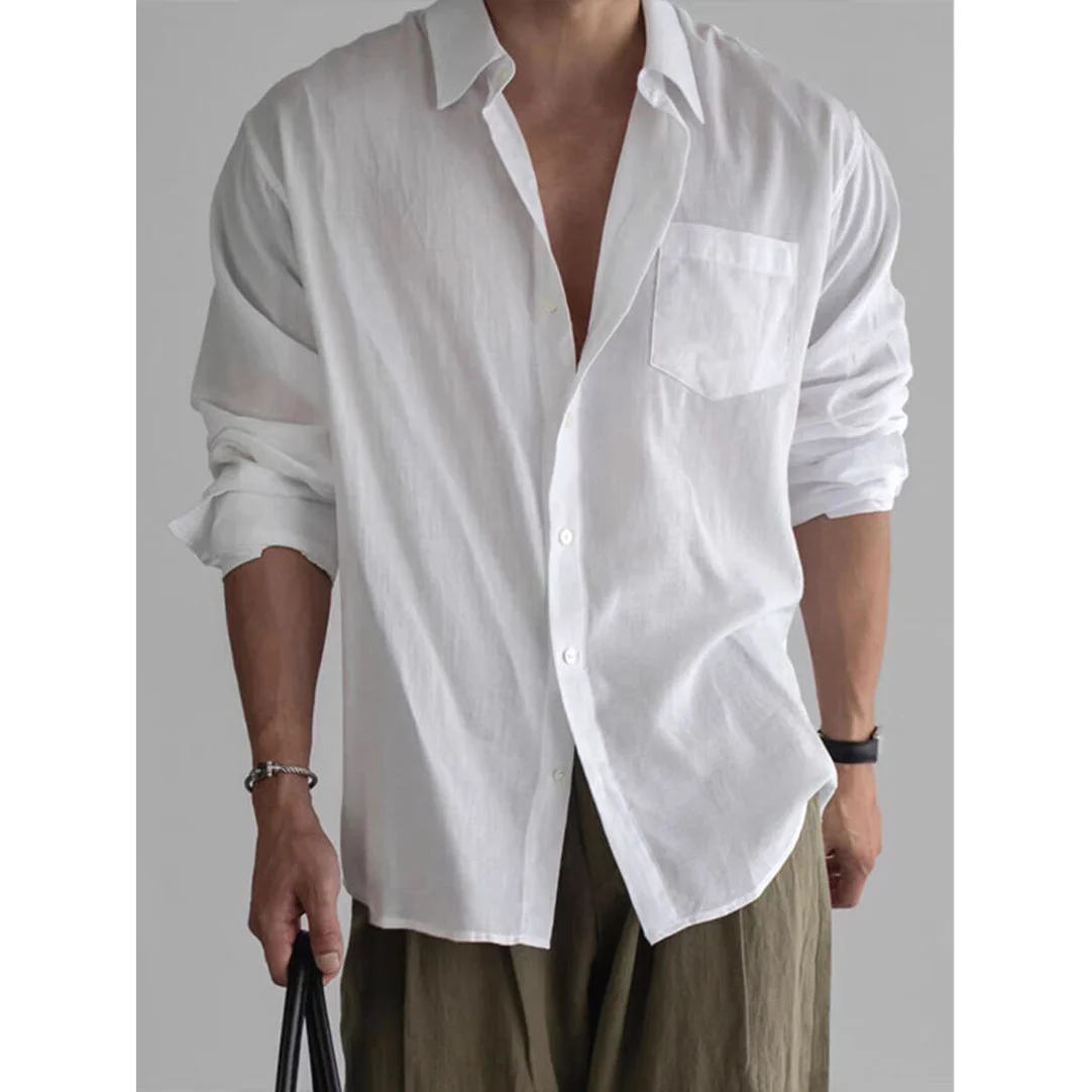 

Cotton Linen Men's Shirt Thin Breathable Loose Long Sleeve Sun Protection Open Cardigan Turn-down Collar Linen Workwear Shirt...