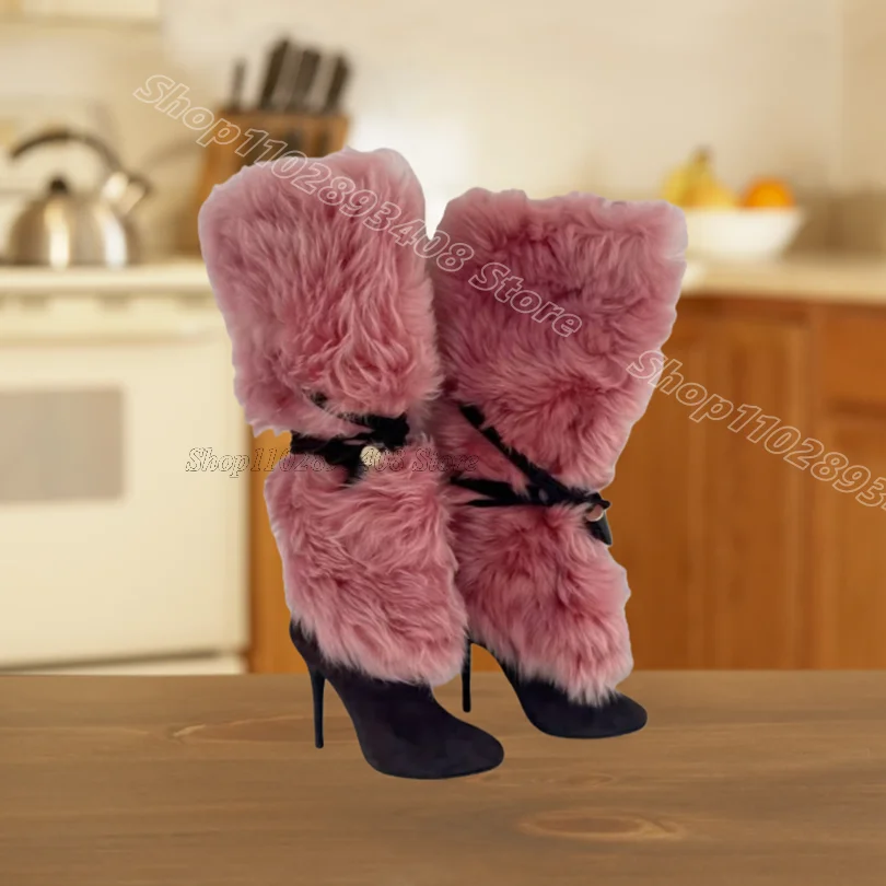 ピンクの毛皮装飾クロスバンドブーツスティレットポインテッドトゥスプライシングデザイン女性のための冬のカジュアルドレスブーツ Zapatos Para Mujere