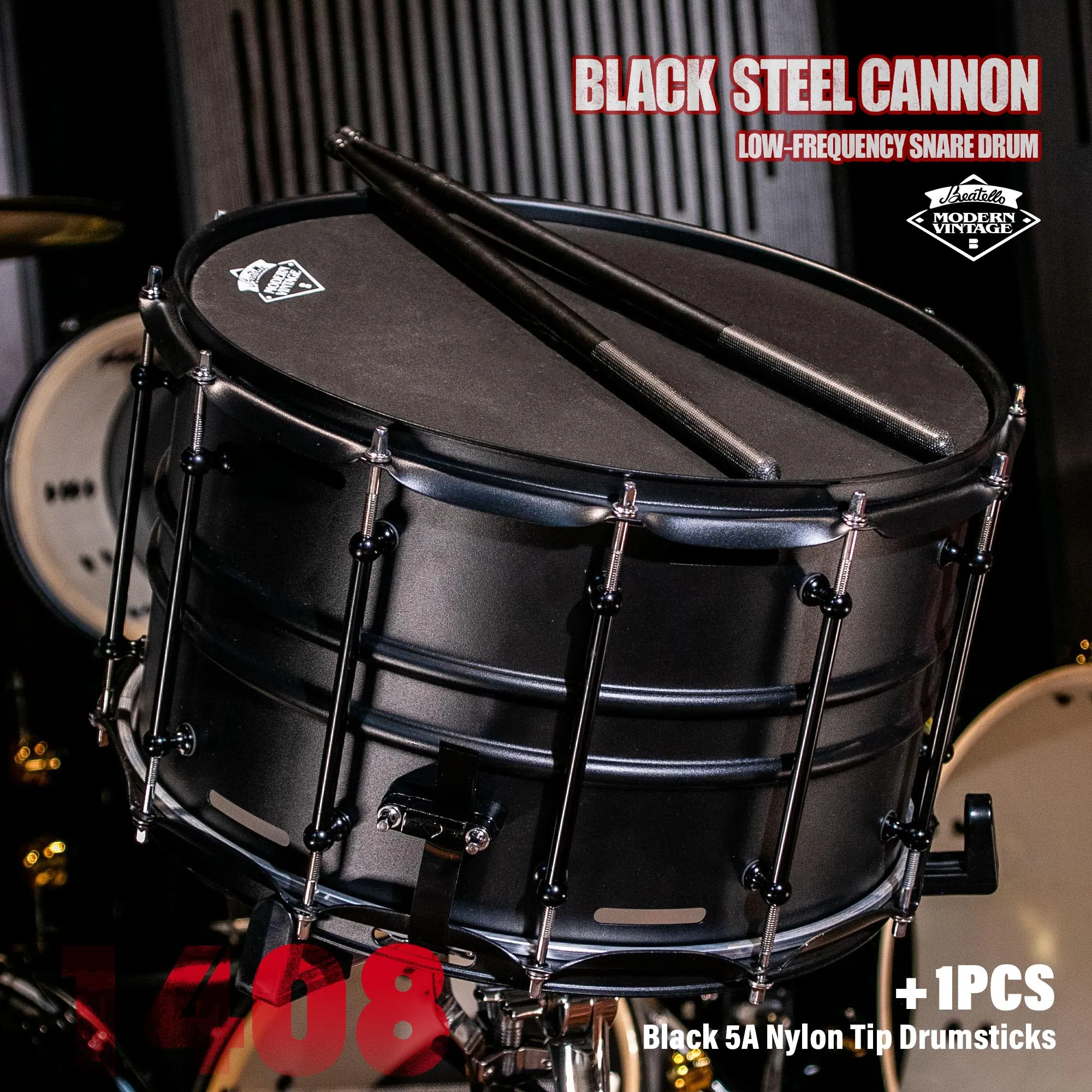 14x8 Inch Low Frequency Snare Drum Black Steel Shell With PVC Heads Nylon Sticks Powerful Punch Drum Projection