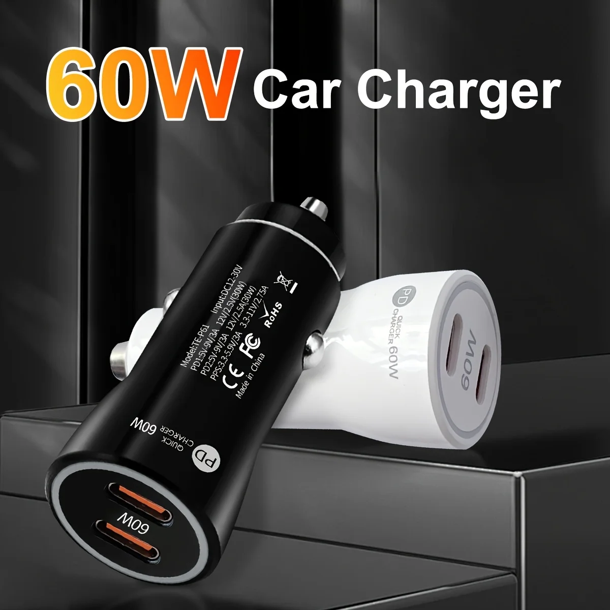 Dual USB C Car Charger, 60W PD (30W + 30W) Super Fast Charging Adapter Compatible with iPhone 16 15 14 13 12 11, Galaxy, iPad Pr