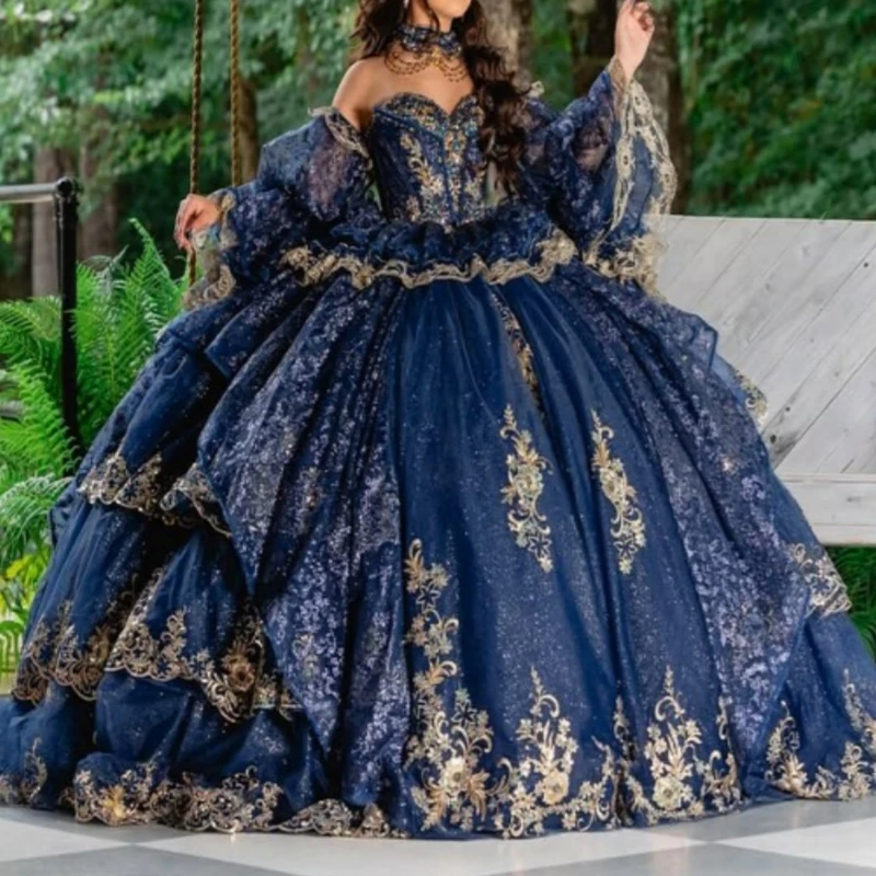 

Темно-синее блестящее платье Quinceanera, бальное платье с открытыми плечами, аппликация, кружево, бисер, кристалл, корсет, вечеринка, день рождения, сладкий 16