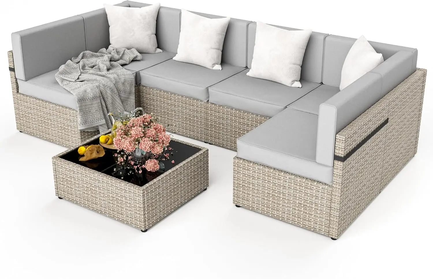 

Patio Furniture Set, 7 Pieces Modular Outdoor Sectional,Wicker Patio Sectional Sofa Conversation Set, Rattan Sofa with Coffee Ta