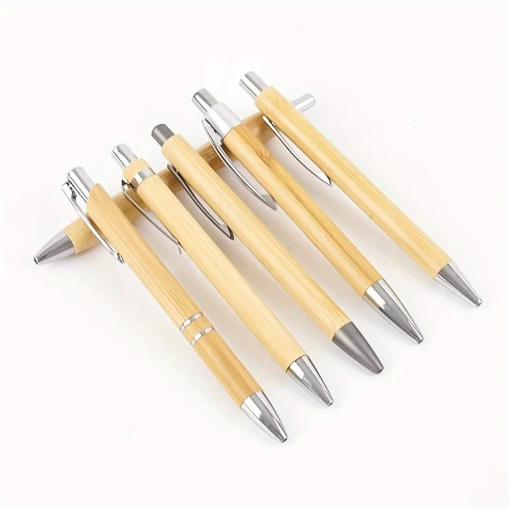 6Pcs High Quality Bamboo Ballpoint Pens 1MM Nib Black Ink Retractable for Office School Writing Smooth Refillable