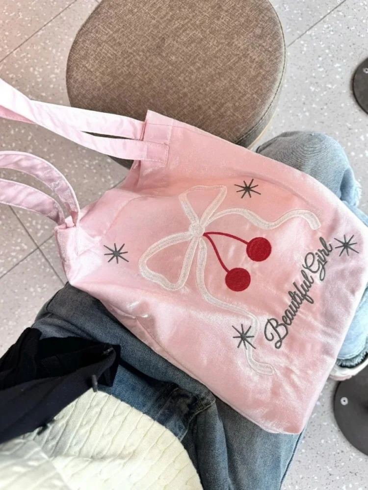 Sweet Pink Bow Cherry Letters Casual Large Capacity Handbag Tote Bags Women Commute Shoulder Bag