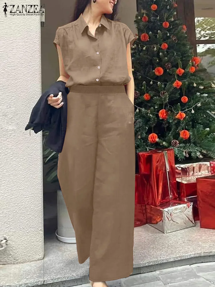 

ZANZEA Fashion 2PCS Women OL Work Tracksuits Summer Elegant Short Sleeve Shirt Trousers Suit Casual Loose Pant Sets Woman Outfit