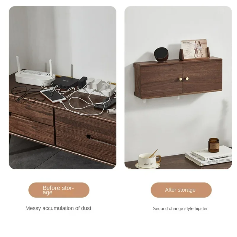 Black Walnut Desk Wire Storage Boxes, Wifi Router Set-top Box Storage Racks, Socket Cover Retainer Wall Hanger Storage Organizer