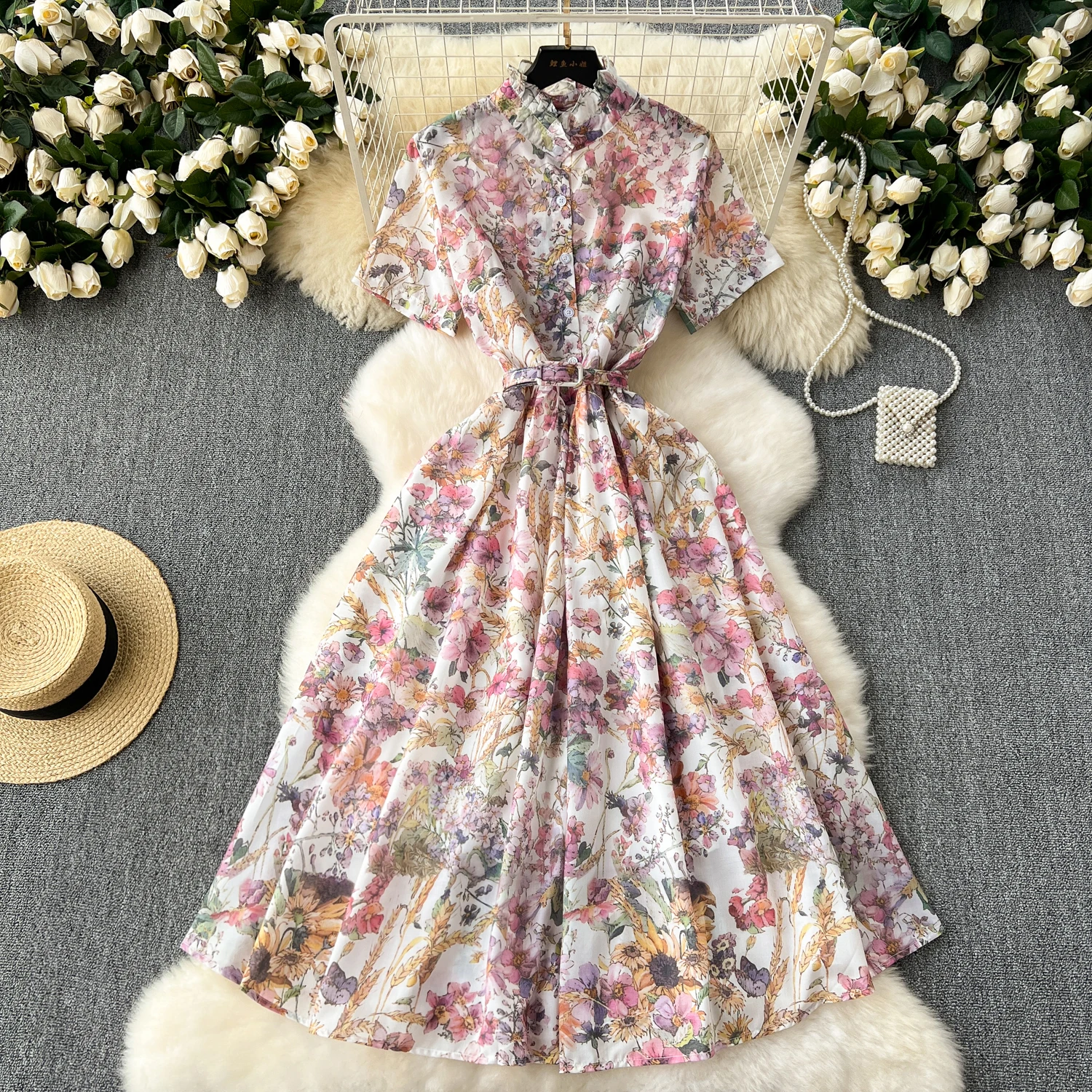 Vintage Elegant Pleated O Neckshort sleeve Print Dress A-line Fashion Chiffon Spring summer Vestidos Women Belt Dresses