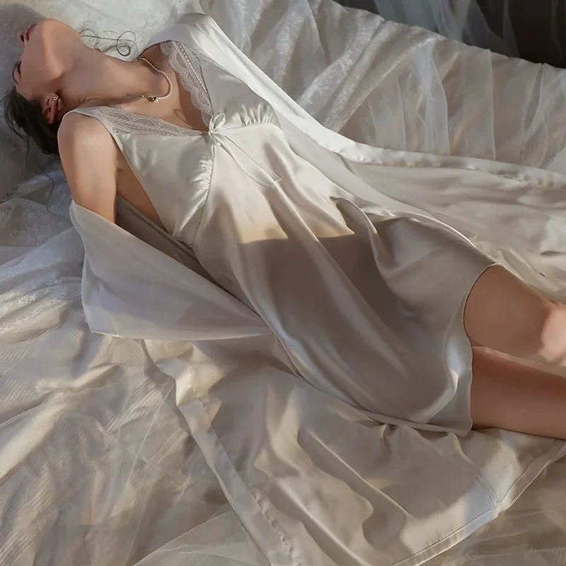 Feminino twinset robe conjunto casa roupas sexy suspender camisola lingerie íntima primavera verão nova seda gelo sleepwear loungewear