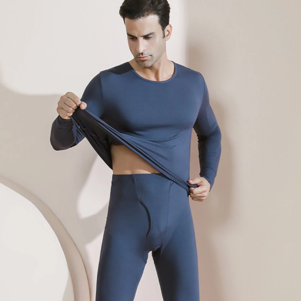 ملابس اخلية حرارية للرجال الشتاء الصوف أسفل جونز تي شيرت 2 قطعة بدلة منزلية مرنة غير رسمية الجلد ودية تنفس الملابس جديد #5