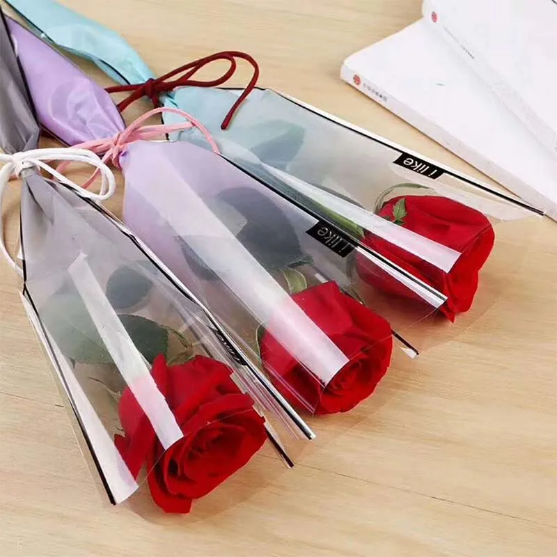 5pcs Single Rose Flower Wrapping Bag Transparent Plastic Bouquet Packaging Bag Triangle Gift Bag For Valentine's Day Flower Shop