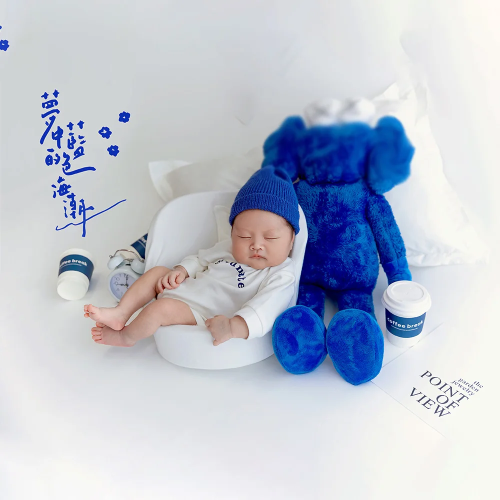 0 Month Newborn Baby Bodysuit Knitted Hat Babies Clothes Studio Photography Outfits Blue Doll Coffee Cup Photo Decoration Props