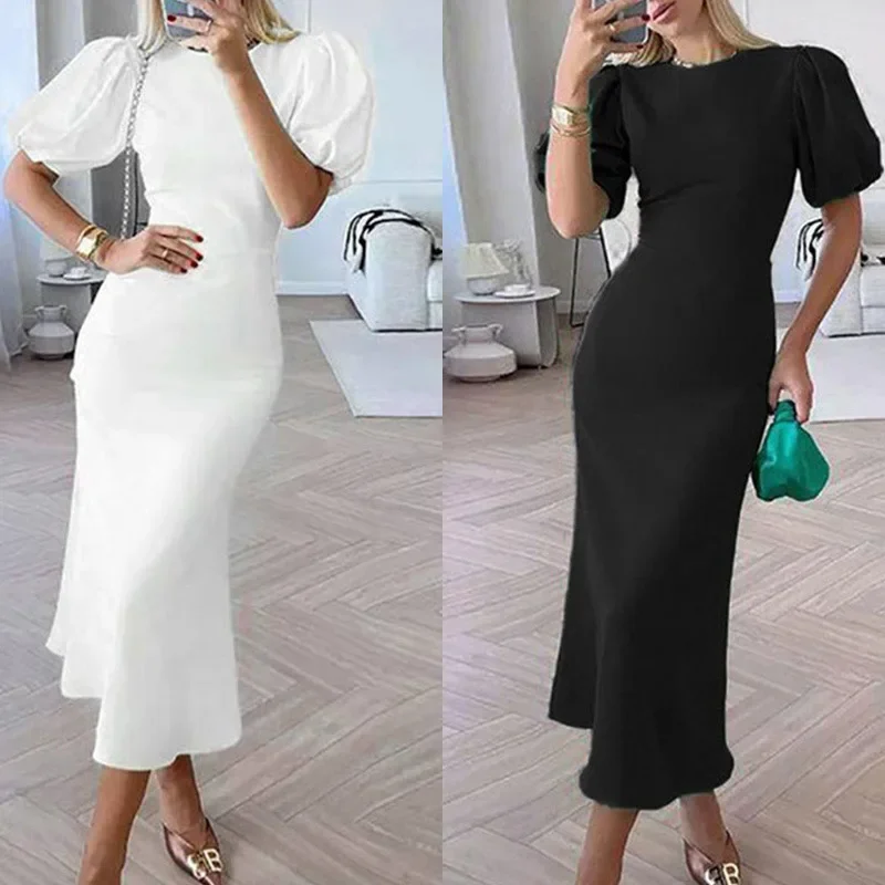 Casual Fashion Court Style Short Puff Sleeve High Waist Mermaid Evening Dress Streetwear Summer Women Elegant Corset Party Dress