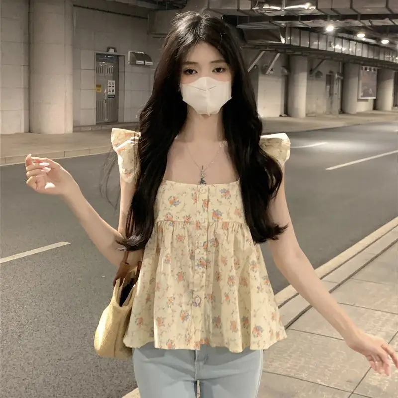 Flying Sleeve Floral Shirts Women Summer New Sweet Ruffles Temperament Loose Casual Korean Style Holiday Tender Chic Streetwear