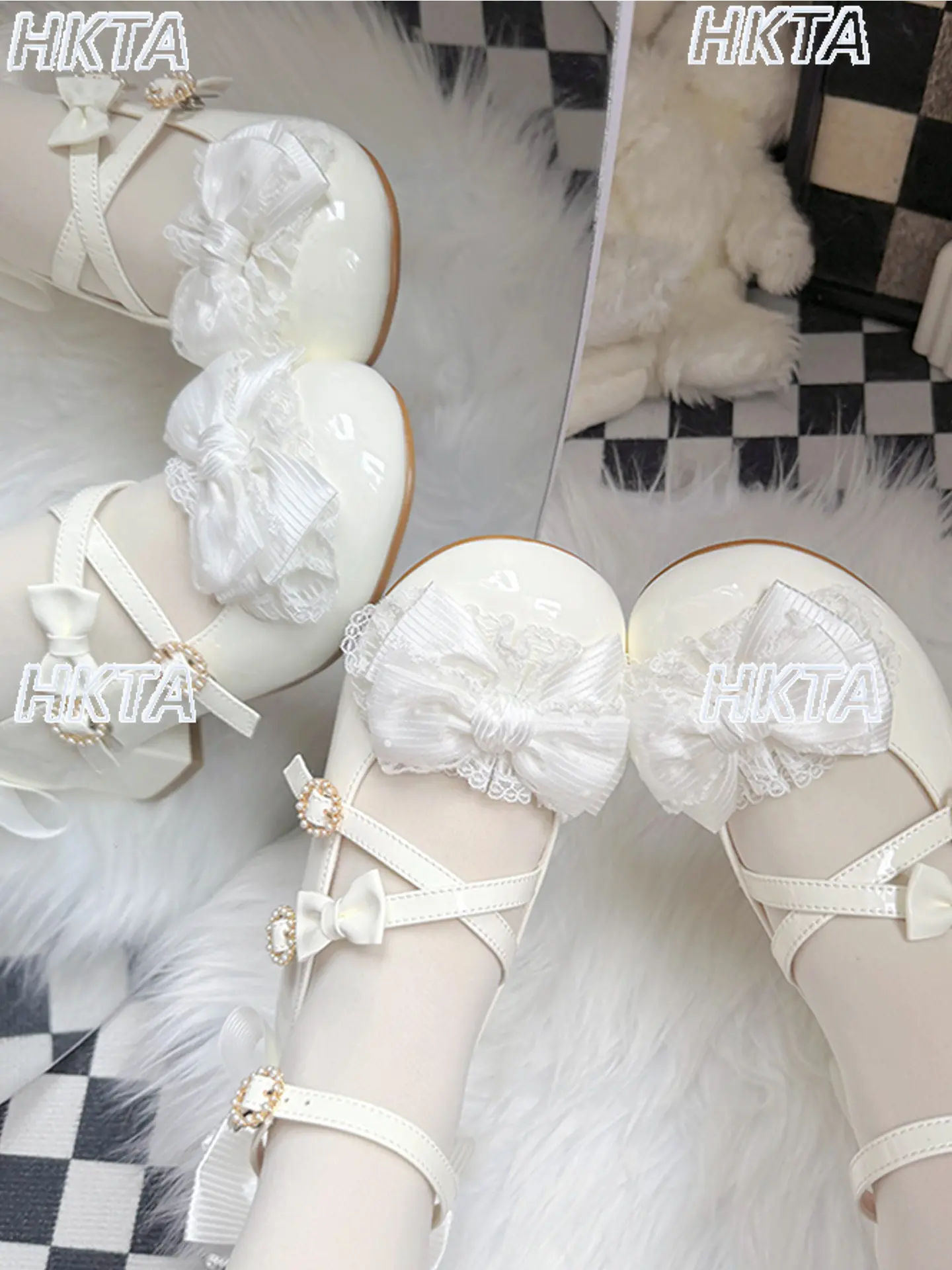 Japanese Elegant New Lolita Mary Jane Shoes Sweet Ribbon Lace Bow Pearl Round Head Square Heels Mid Heel Pumps White Shoes Women