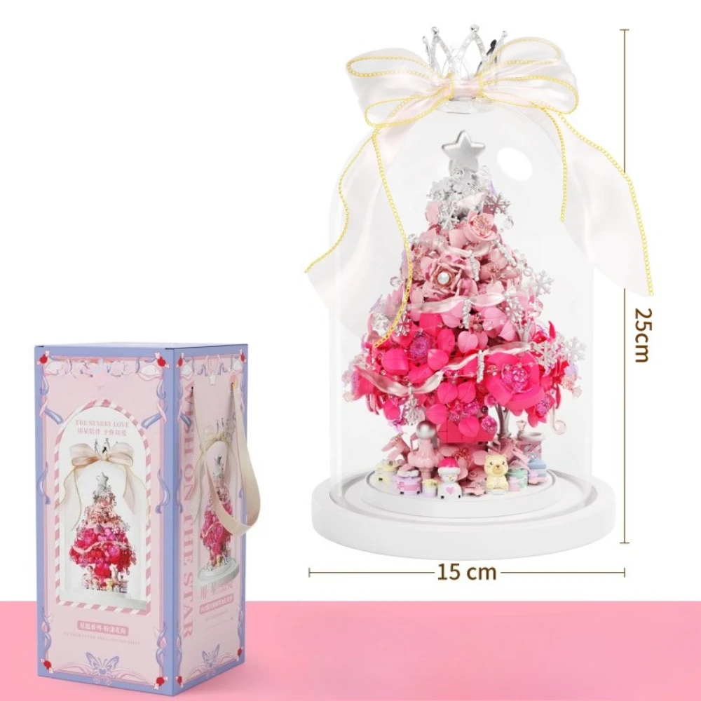 Set Blok Bangunan Pohon Natal Laut Bunga Merah Muda MOC Star Wish Dengan Lampu Mainan Spesial Festival Untuk Anak-Anak Hadiah Natal Liburan