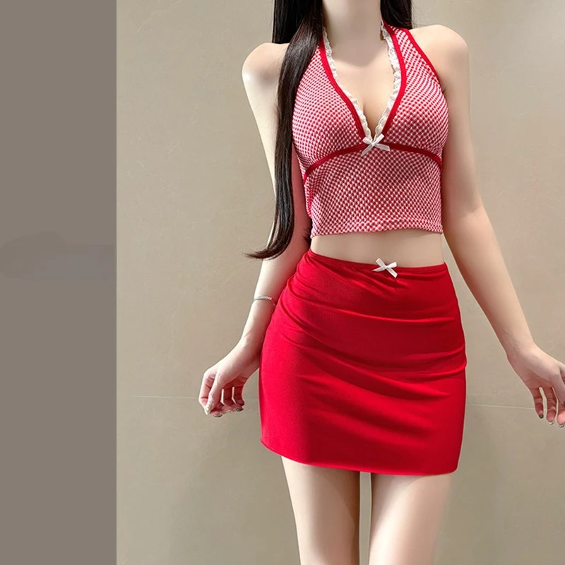 Ensemble de bikini kpop imprimé à carreaux rouges, sexy, 3 pièces, nœud en dentelle blanche, gilet à col en v profond avec mini jupe, maillots de bain doux, tankini