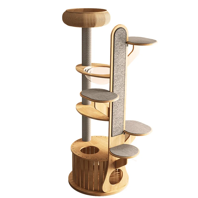 190cm Height Solid Wood Luxury Cat Tree Multi-Layer Cat Nest Jumping Platform Wear-Resistant Cat Climbing Rack Scratcher Carton
