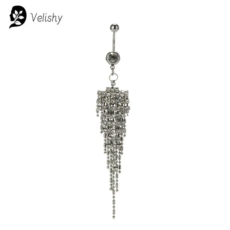 1Pc Surgical Steel Crystal Rhinestone Dangle Belly Button Ring Fashion Body Jewelry Clear Gem Tassel Navel Piercing 316L