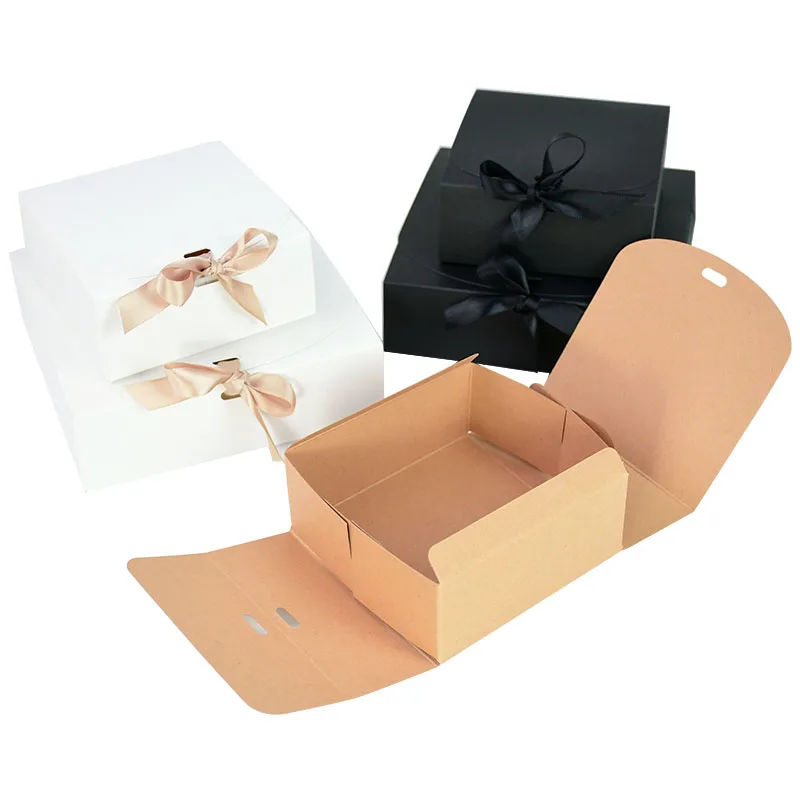 Black White Kraft Paper DIY Gift Box with Bow Ribbon