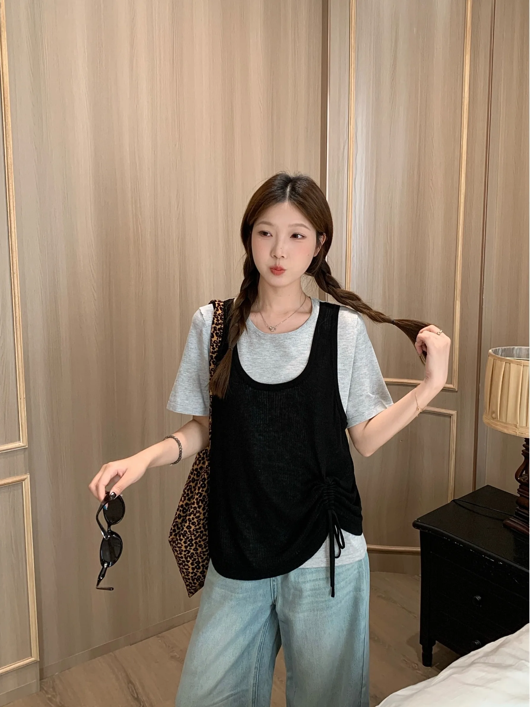 

plus Size Women's Short Sleeve Knitted Sweater Summer New Loose Slimming Design Sense Splicing Drawstring Top Korean Style