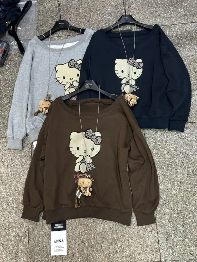 Felpa Casual con Stampa Cartoon, Spalle Scoperte, Stile Dongda Gate, Novità Inizio Autunno 2025, Moda Femminile