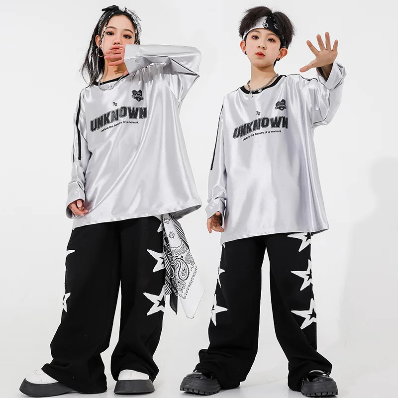 子供 Kpop ヒップホップ服反射印刷トップスストリート黒パンツスター付きガールズボーイズジャズダンス衣装服
