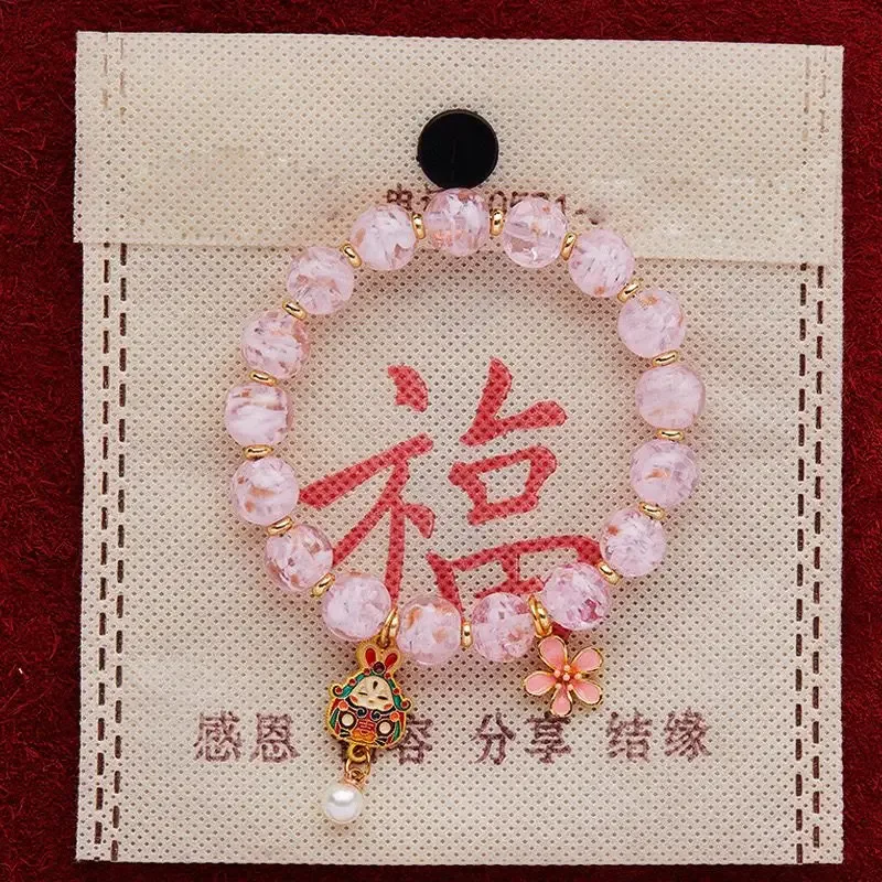 

Cute Girl Cherry Blossom Glaze Pink Bracelet Temple Prayer Women Wishing Good Lucky Health Wealth Hand String Women's Jewelry