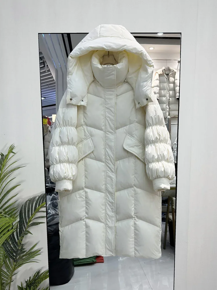 

Winter Long White duck down jacket High street Solid Thick warm Female Loose Coat White belt Ladies Outerwea