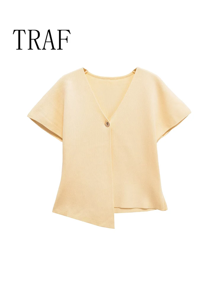 

TRAF European and American style summer new women's casual simple fashion V-neck short-sleeved one-button asymmetrical sweater