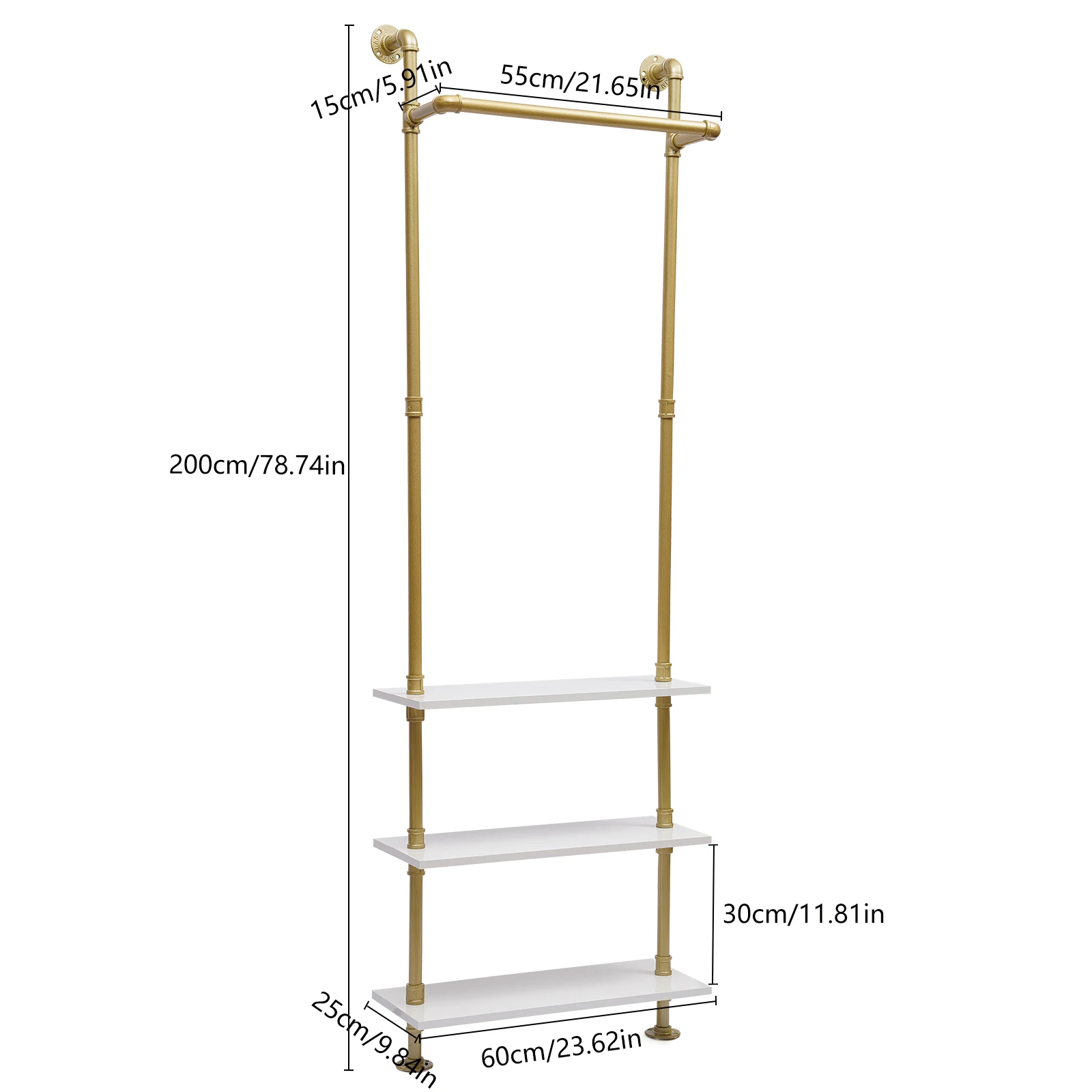 

Clothes Rack Golden Industrial Vintage Style Storage Three Shelves For Clothes Storage Or Home Decoration 55*15*200 Cm