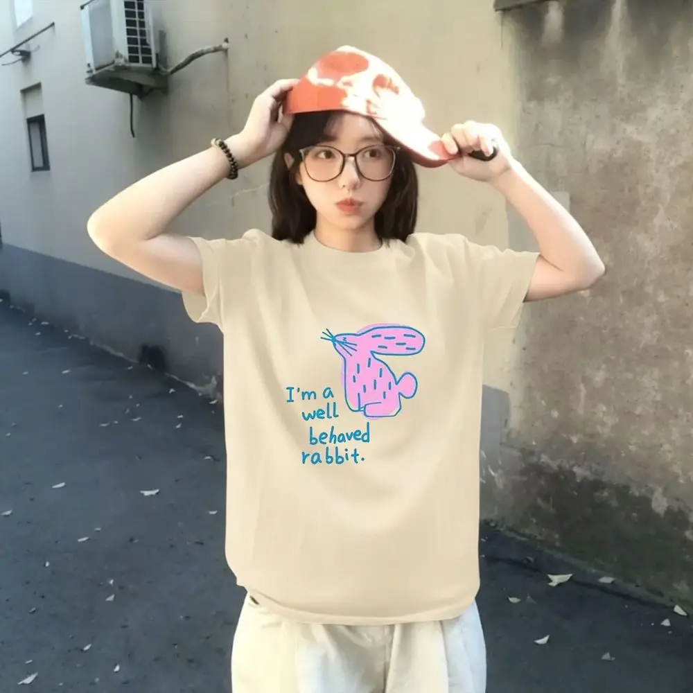 I'm A Well Behaved Rabbit Printed T-shirt Cartoon Rabbit Graphic Top Women Summer Short Sleeve Cute Y2k Streetwear Harajuku Tees