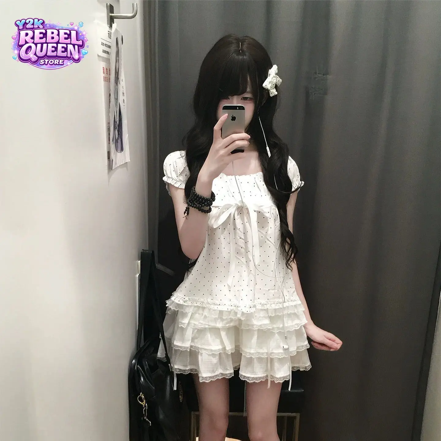 Vestido Coquette Coreano con Estampado de Puntos, Mangas Abullonadas, Lazo, Volantes en el Bajo, Corte Entallado, Mini Vestido Casual para Mujer