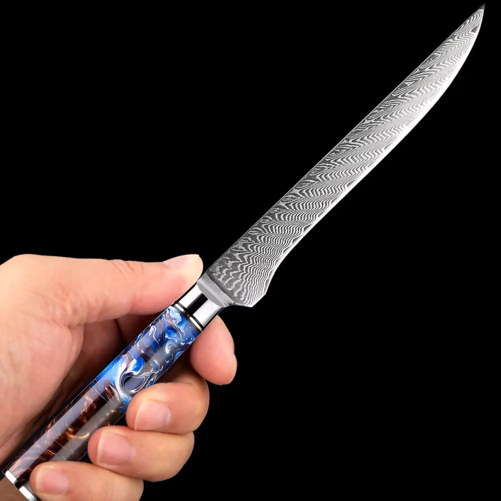 

Kitchen Knife Damascus Steel 5.5" Inch Boning Knife Sharp Full Tang Fillet Knife Sea Blue Resin Handle Versatile Deboning Knife