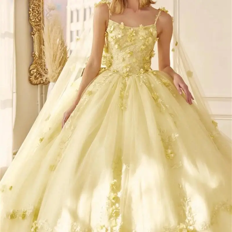 Yellow Quinceanera Dresses, Ball Gown, Women Sweet 15 16 Dress, Cocktail Dresses, High Waist Tulle With Flower Appliques