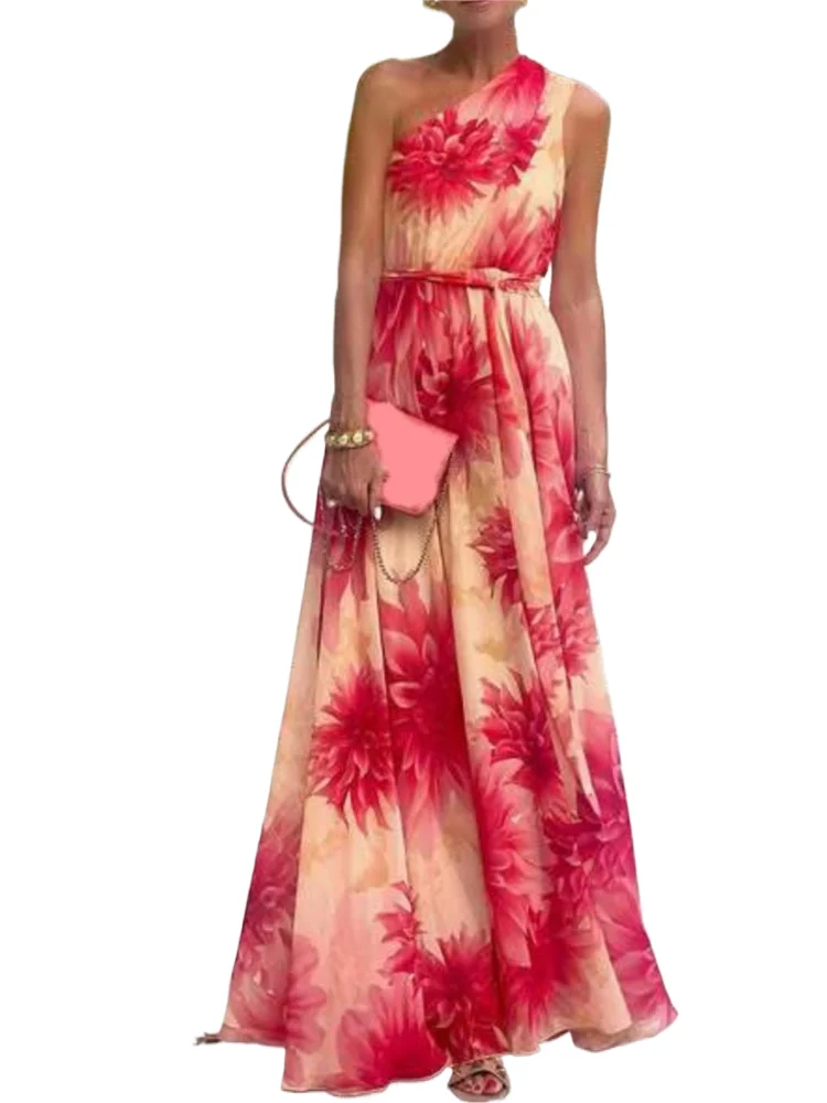 

Elegant Diagonal Collar Print Dress For Women Fashion Off Shoulder High Waist Lace-up Loose Dresses Robe Femme Holiday Clothes