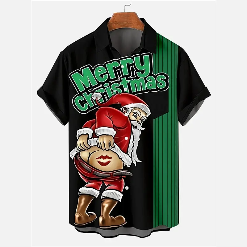 Santa Claus Casual men's Shirt Weekend Autumn Loose short-sleeved four-way Stretch Fabric Christmas Shirt men's stand-up Collar