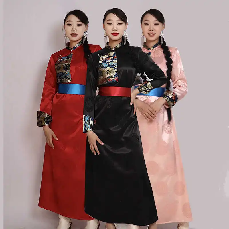 Mongolian Casual Daily Robe Stage Performance Clothing Asian Ethnic Minority Dance Show Dress Black Pink Red Blue Mongolia Gown