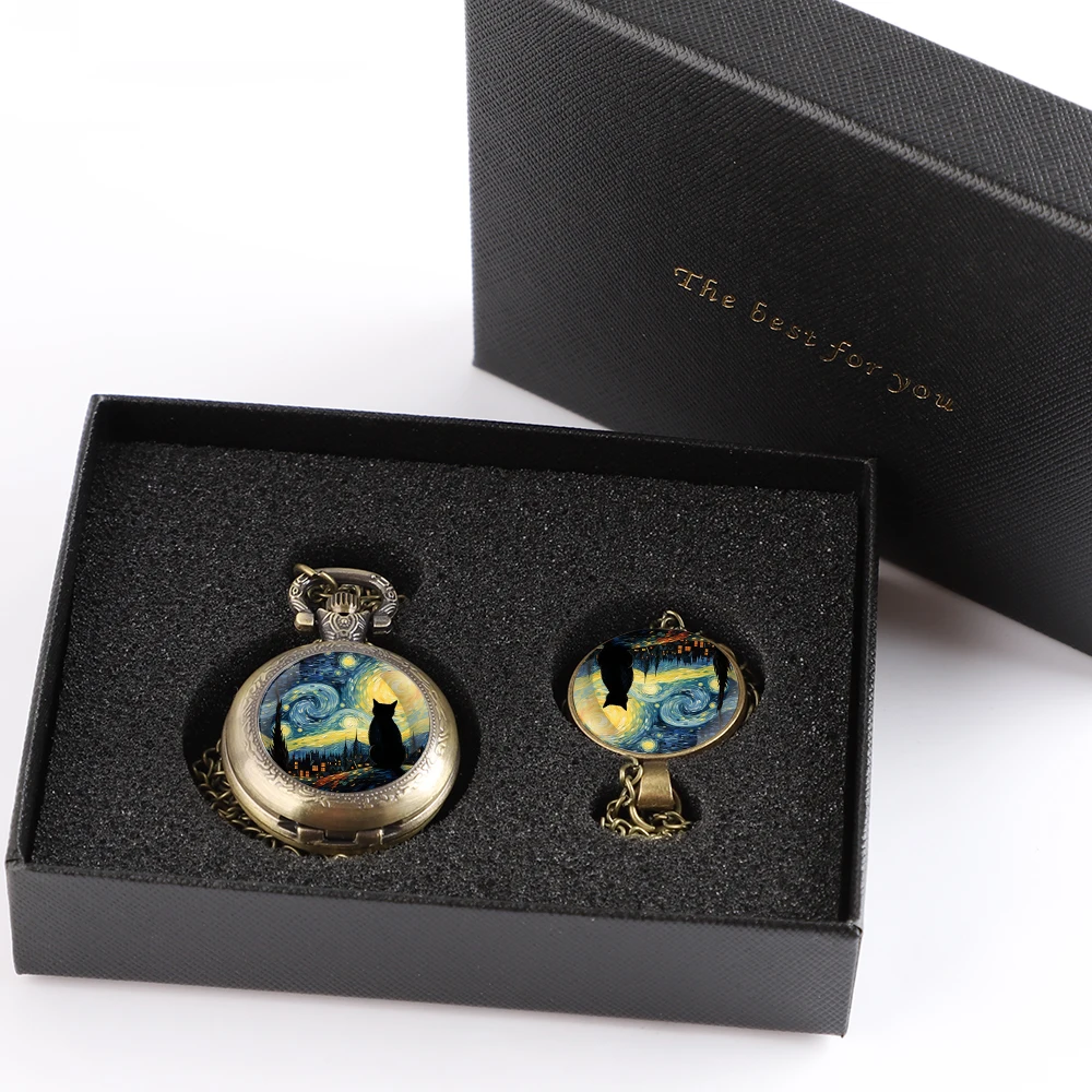 Set Hadiah Jam Saku Kelas Atas Dengan Kotak Desain Seni Kucing Langit Berbintang Van Gogh Kalung Aksesori Jam Untuk Hadiah