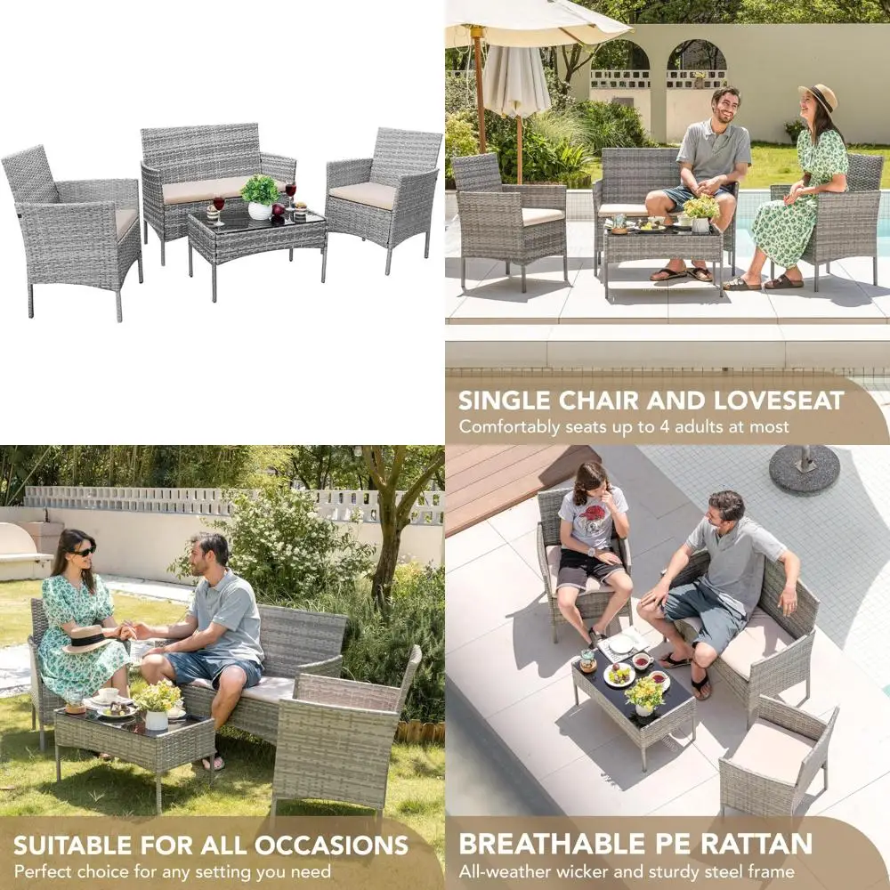 

4-Piece Outdoor Patio Furniture Set with Beige Cushions and Rattan Wicker Chairs