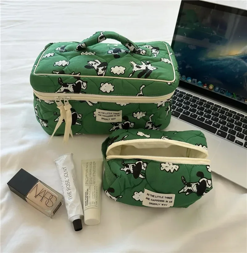 Bolsa de lavado de algodón con estampado de perro y oveja, bolsa de almacenamiento con solapa, portátil, suave, de gran capacidad, para maquillaje,