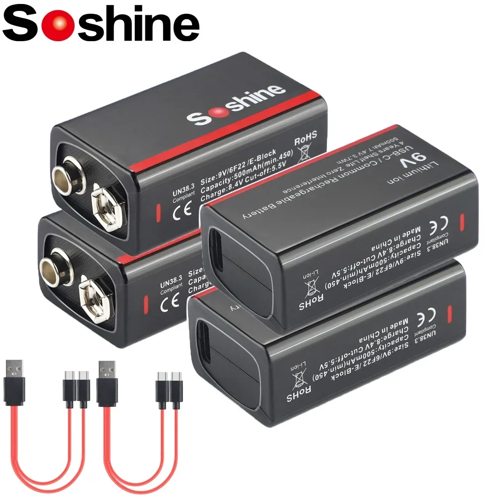 Soshine USB Lithium-ion Battery 9V 500mAh Low Self-discharge Li-ion Rechargeable Batteries 4-Year Shelf Life 4LED Power Display