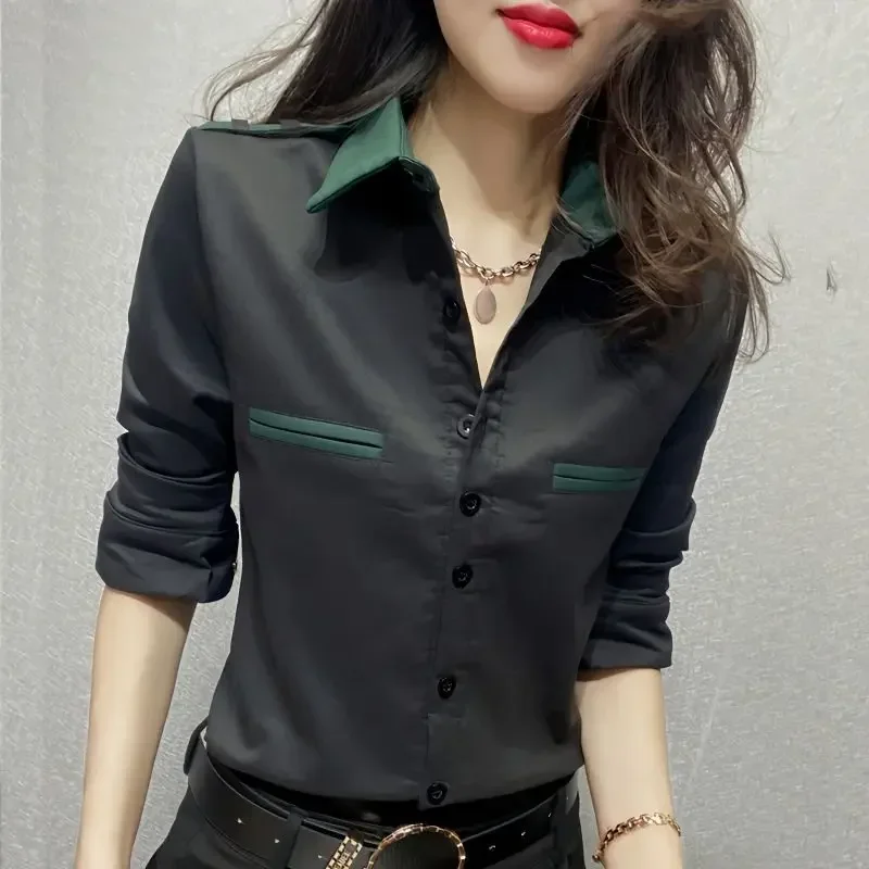 Spring Summer Korean Fashion Patchwork Elegant Shirt Female Long Sleeve Slim Blouse Top Women All-match Bottomiong Cardigans