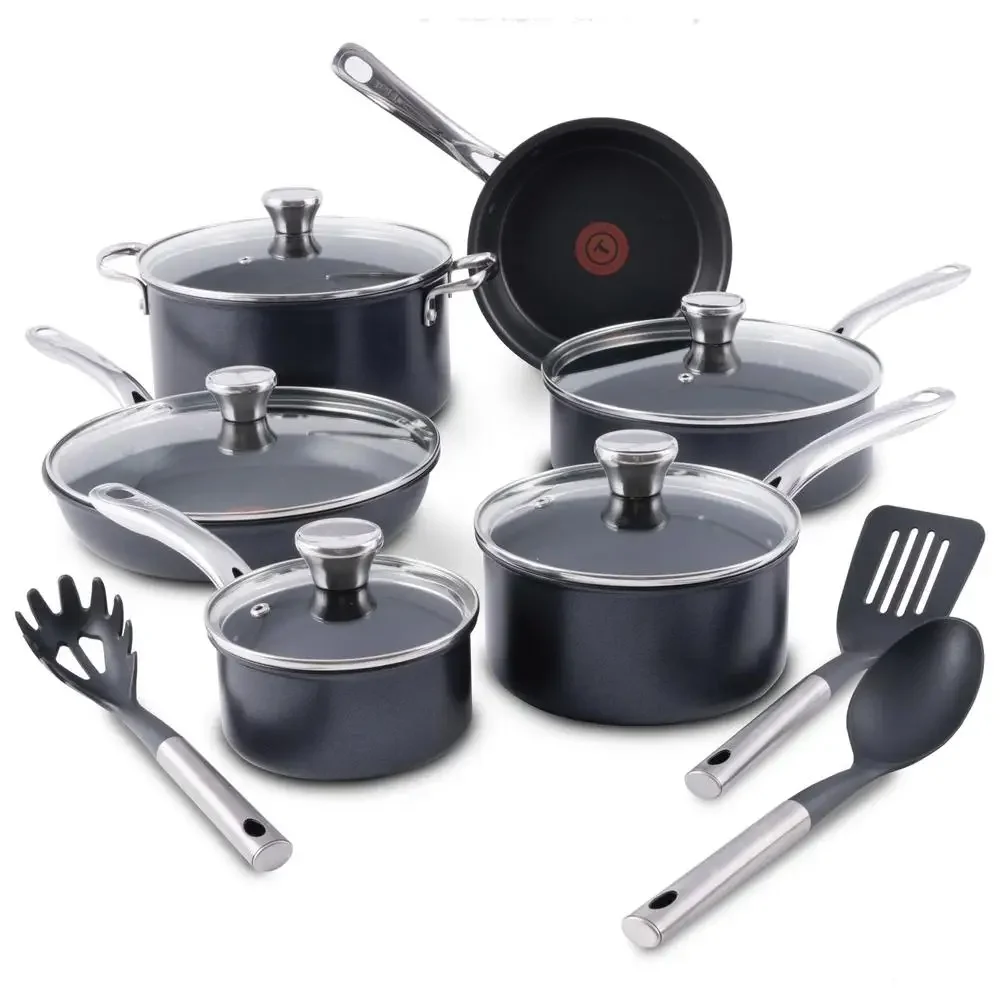 Platinum Expert Pro 14-Piece Non-Stick Cookware Set Black Aluminum Stainless Steel Handles Thermo-Spot Technology 5-Layer