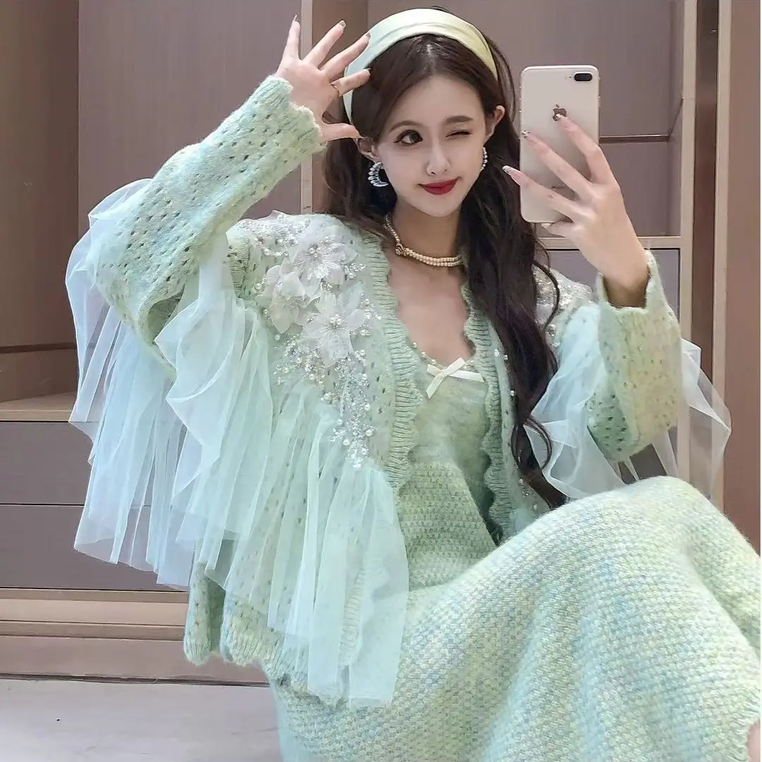 

Women Three Dimensional Flower Splicing Mesh Hollow Dress, Two-piece Set for Spring and Autumn Styles