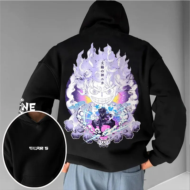 

One Piece Anime 3D Print Hoodie Luffy Gear 5 Character Graphic Hoodie with "Sun God Nika" Japanese Text & Cloud Element Design