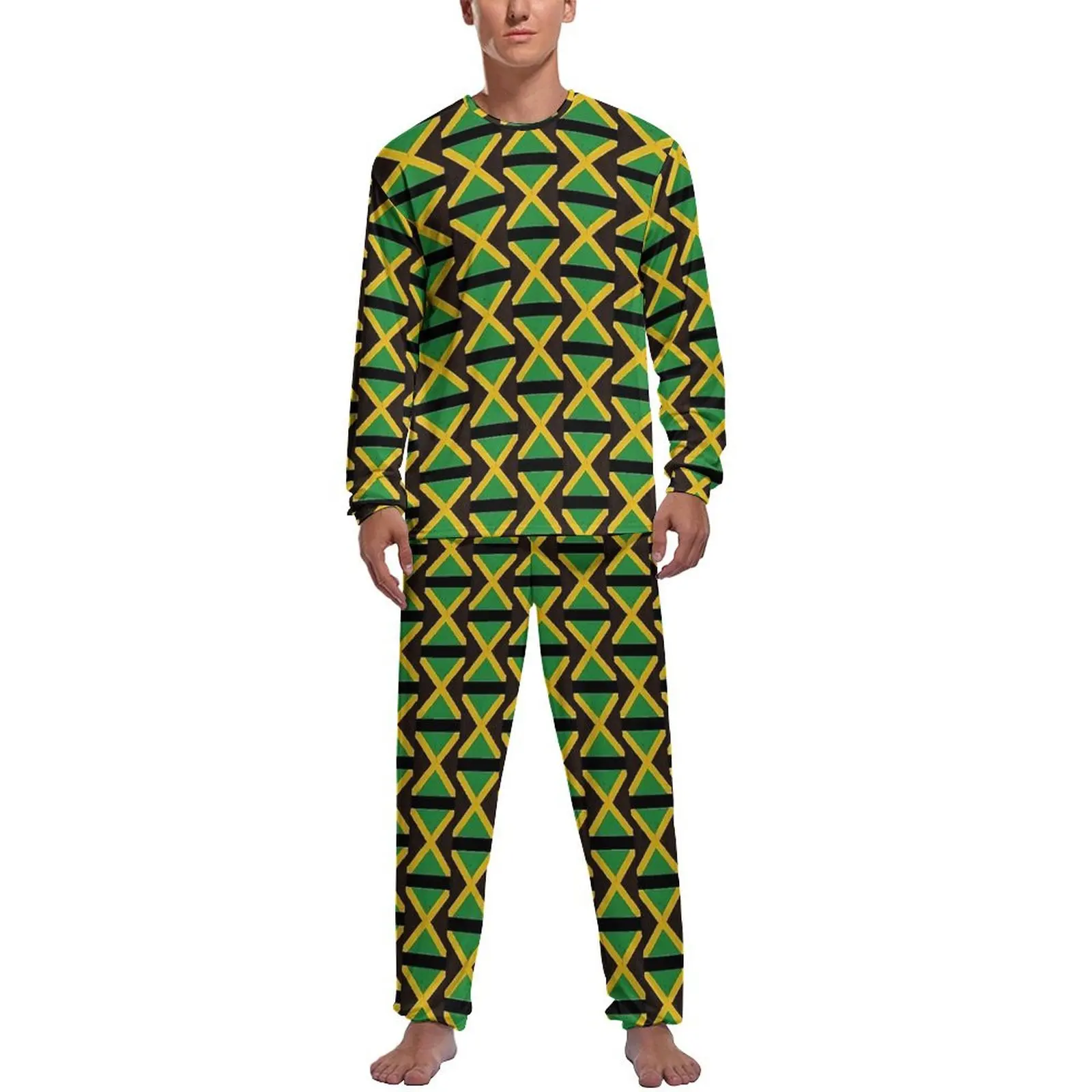 Jamaican Flag Pajamas Spring Green Yellow Sleep Sleepwear Male Two Piece Graphic Long-Sleeve Kawaii Pajama Sets