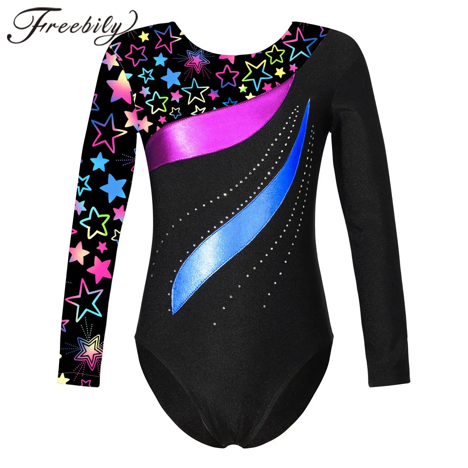 Gymnastics Leotard for Girl Kids Long Sleeve Ballet Tutu Dance Leotards Patchwork Print Gymnastic Bodysuit Ice Skating Jumpsuit