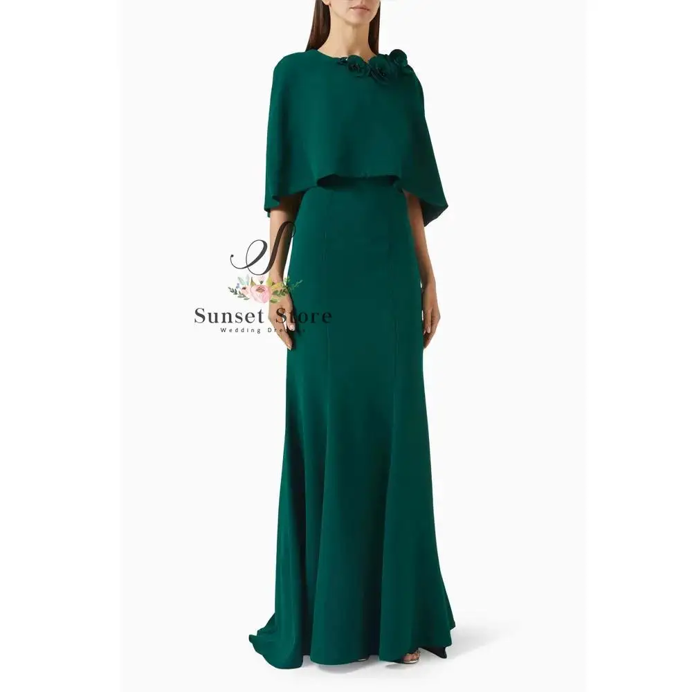 

Customized Green O-Neck Crepe Formal Evening Dress with Flowers Slim Mermaid Prom Dress 2025 Half Sleeves Party Dress