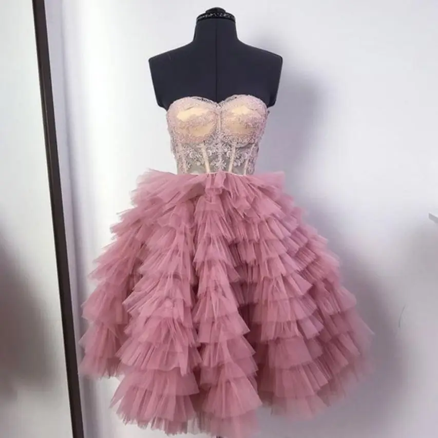 

Strapless Mini Dress Lace Tulle Dress Layered Tulle Ball Gown Ruffles Pink Party Gowns Women's Dress Plus Size Prom Dress